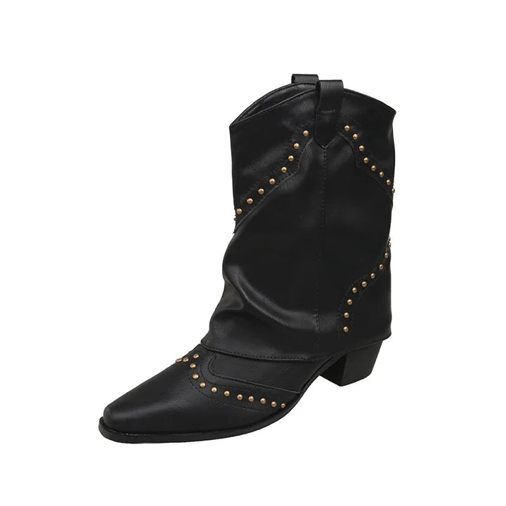 Fashion-forward women's boots, studded, mid-calf design, with a sturdy and comfortable block heel.