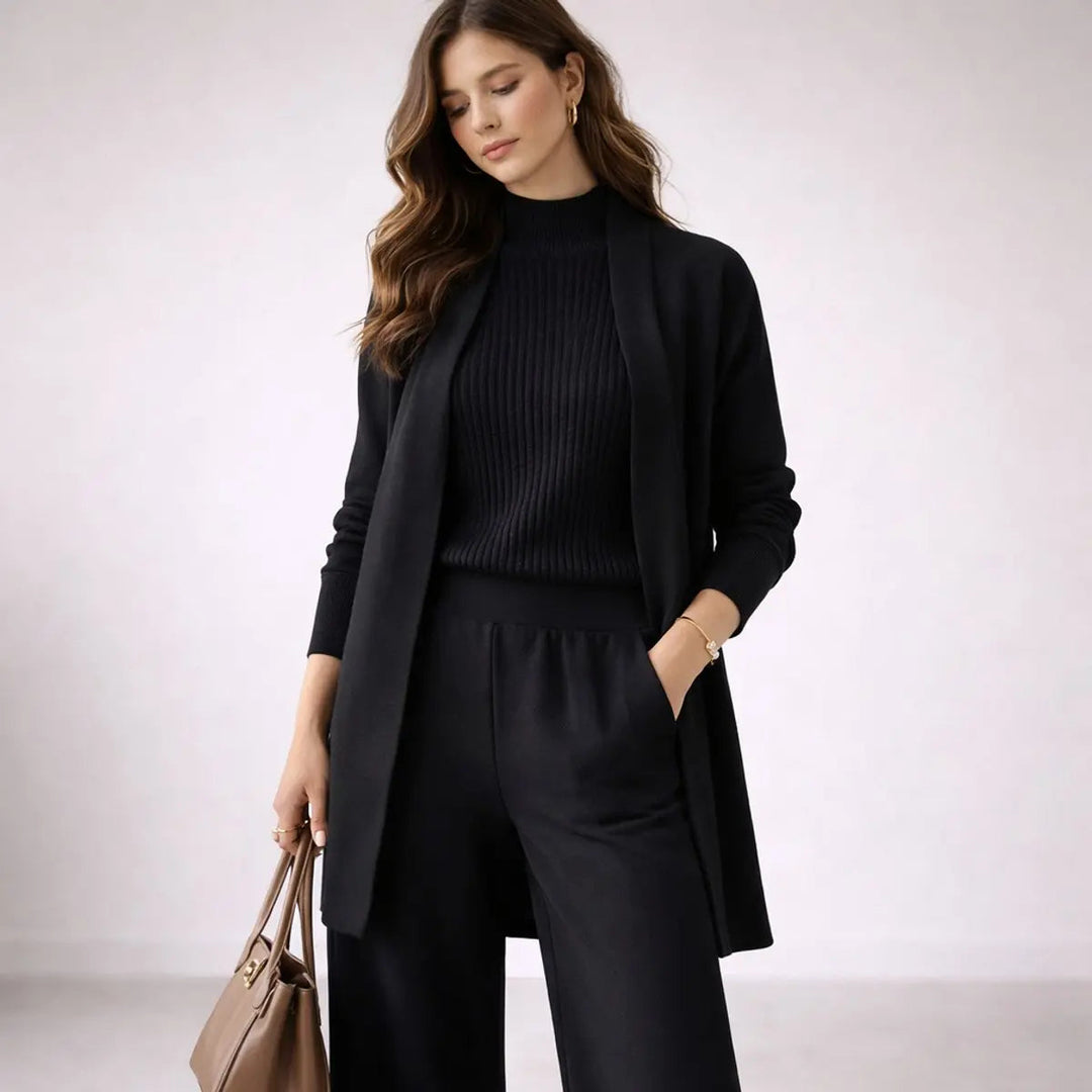 Complete women's casual outfit: a matching 3-piece set with long cardigan, cami top, and wide-leg pants.