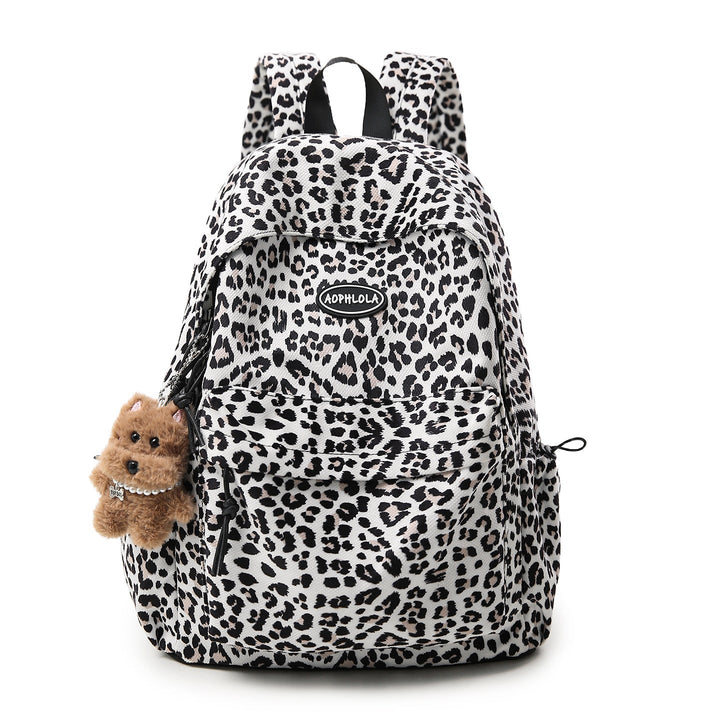 Women's stylish animal print school backpack with organized compartments, perfect for daily use & students.