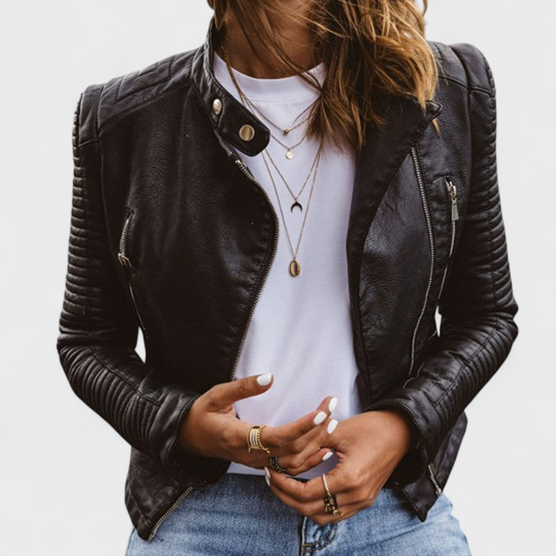 Women's stylish black zippered jacket with a stand collar, perfect for autumn & spring outerwear fashion.