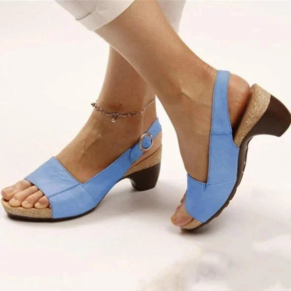 Chic women's open-toe block heel sandals. Stylish slingback design for elegant summer outfits.