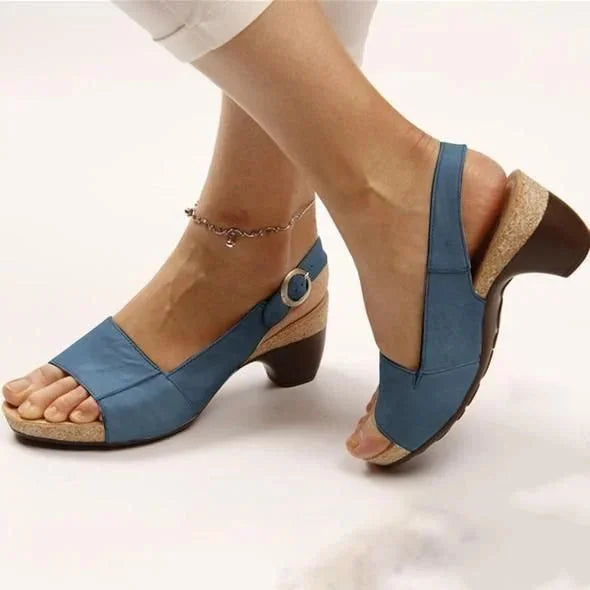 Close-up of stylish women's block heel slingback sandals, highlighting open-toe and quality craftsmanship.