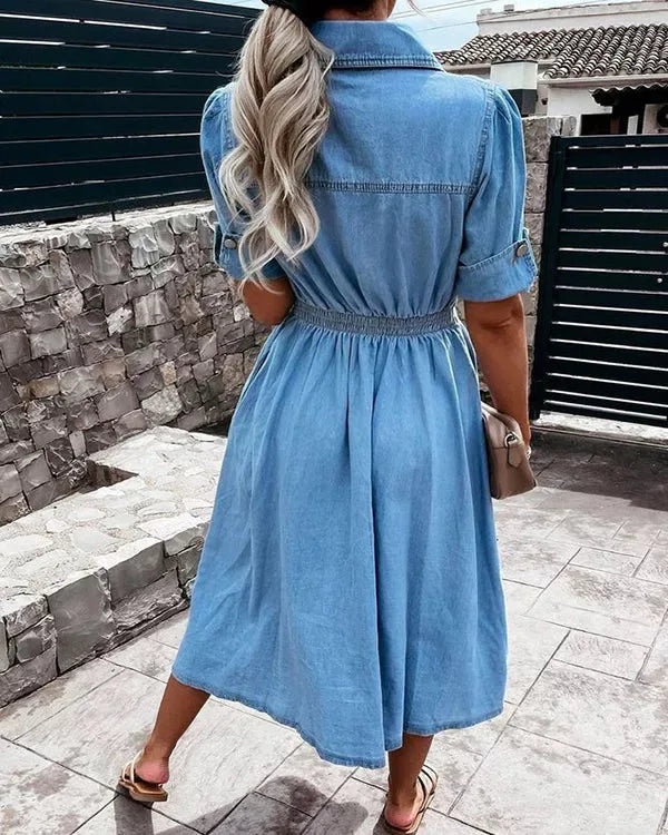 Women's stylish blue denim midi dress, button-front, perfect for versatile everyday casual wear. Comfortable & fashionable.