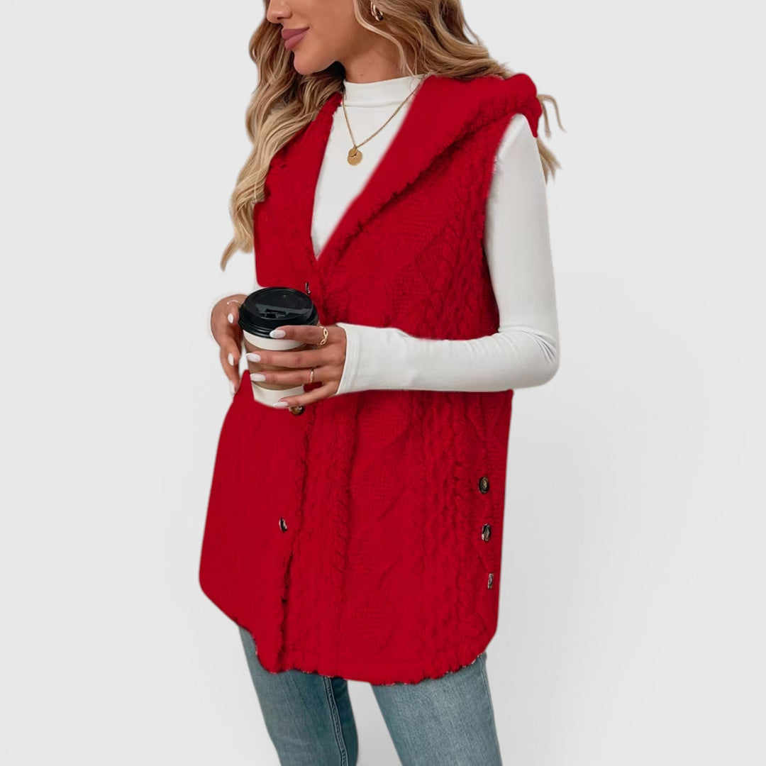 Casual women's hooded sleeveless jacket, button-front for an easy, stylish look.