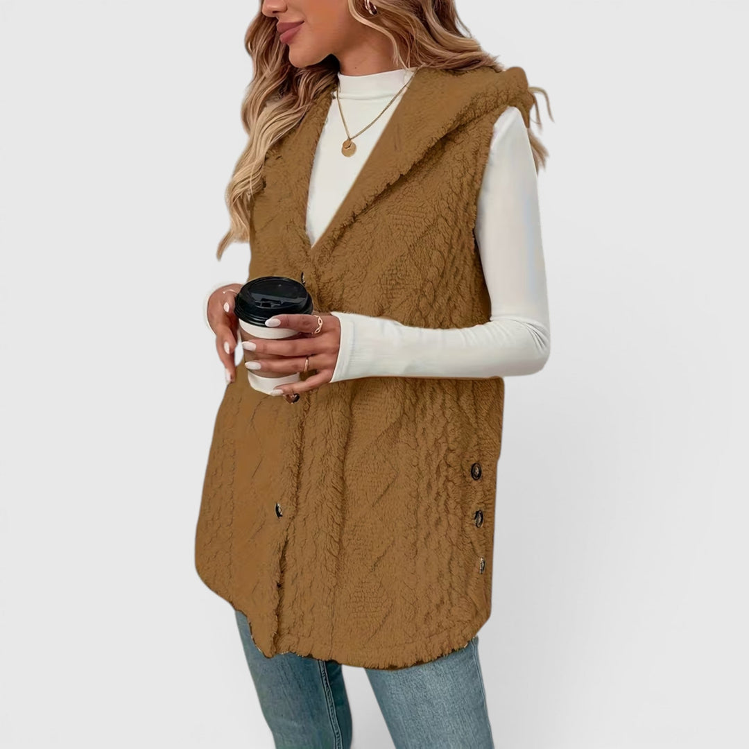 Casual chic women's button-front hooded vest, great for comfortable everyday layering.