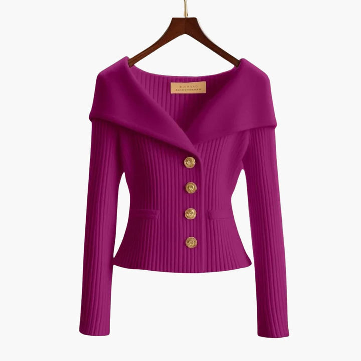 Women's button-up cardigan sweater. Long sleeve, comfortable knitwear, ideal for stylish versatile fashion.