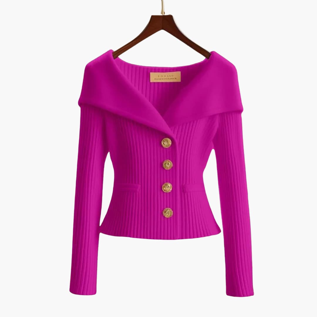 Women's cozy knit button-up cardigan, highlighting soft texture and elegant buttons. Stylish long sleeve.