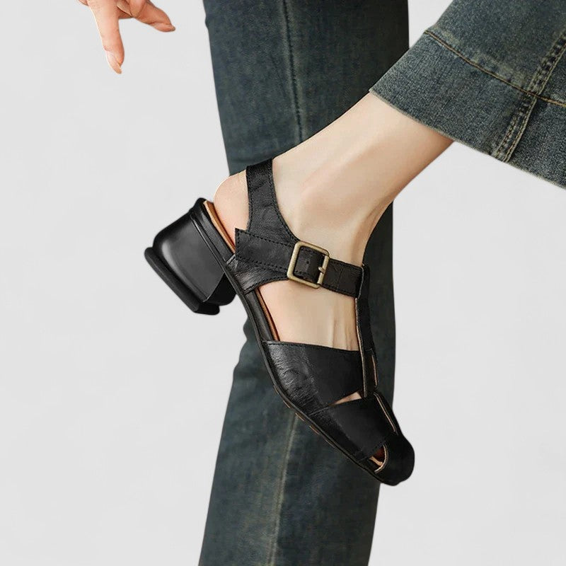 Chic women's closed-toe sandals with low heel, perfect for elegant spring fashion & day-to-night comfort.