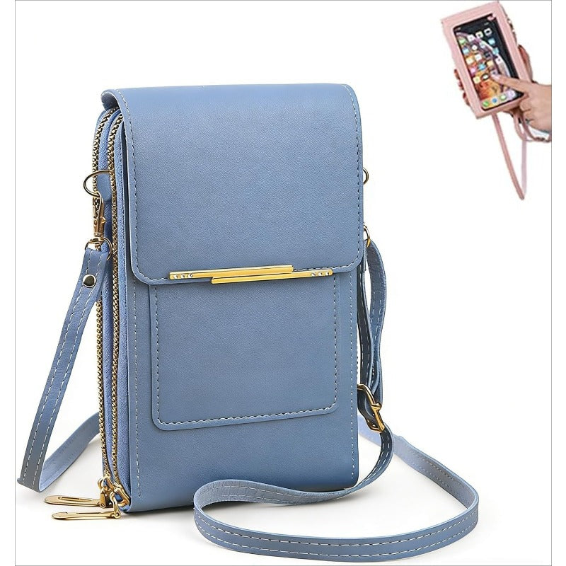Adjustable strap women's crossbody phone holder with RFID protection and a practical touchscreen.