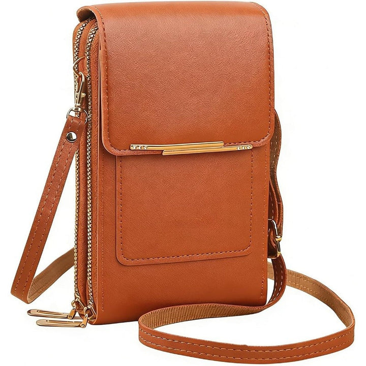 Modern women's small travel purse, designed with a touchscreen panel and RFID for security.