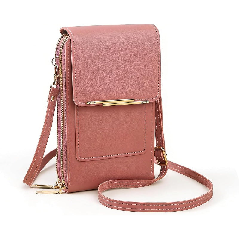 Women's fashionable crossbody bag shown with a smartphone visible through its touchscreen window.