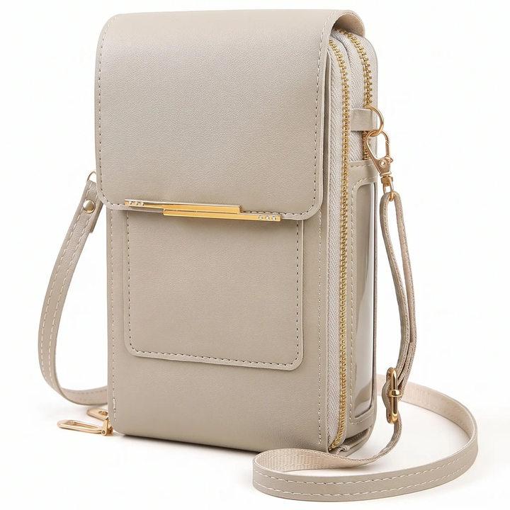 Elegant women's small crossbody bag with touchscreen window & RFID for cards, shown on a model.