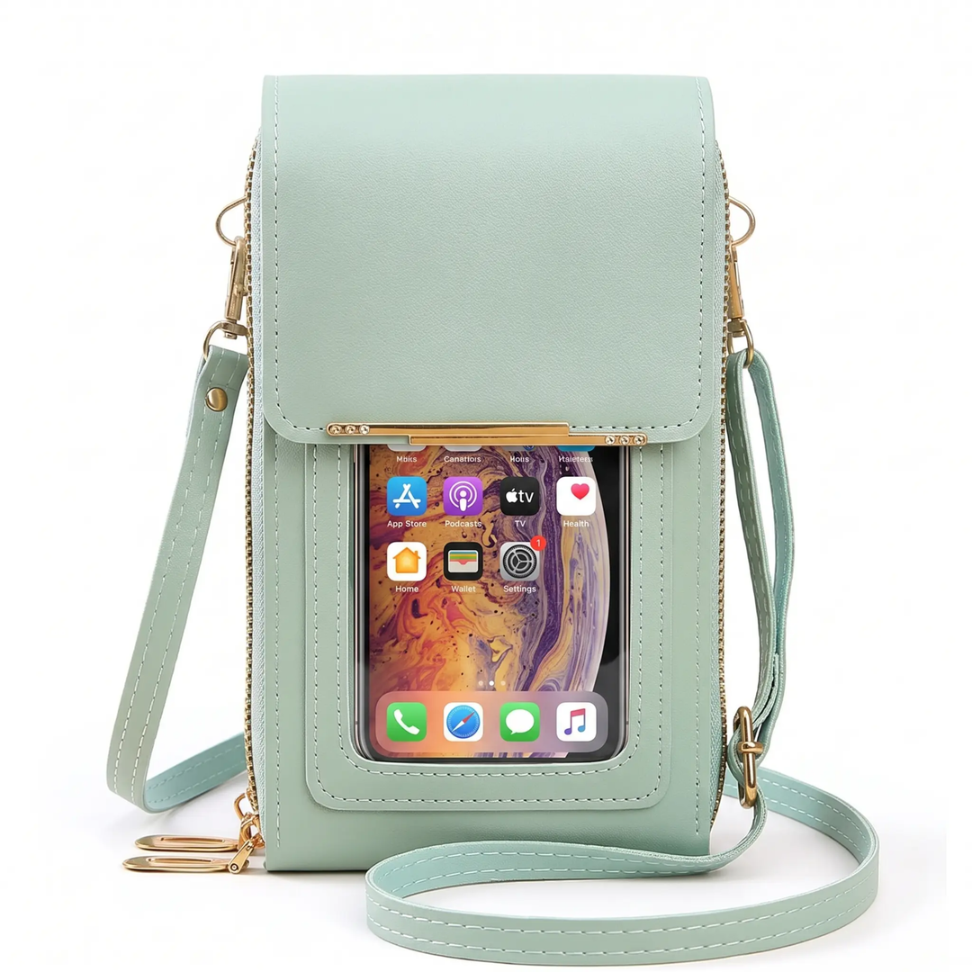 Women's durable crossbody phone bag, offering touchscreen use & RFID blocking for secure travel.
