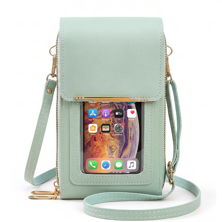 Women's durable crossbody phone bag, offering touchscreen use & RFID blocking for secure travel.