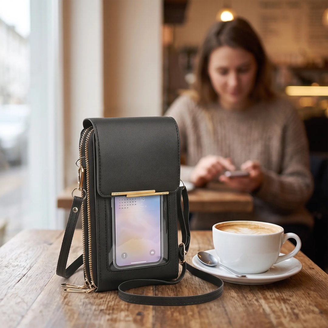Fashionable women's travel crossbody bag with touchscreen access & RFID, perfect for hands-free convenience.