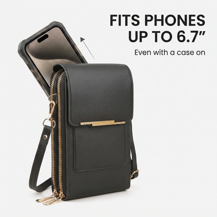Women's hands-free crossbody organizer bag with touchscreen and RFID for secure tech access.