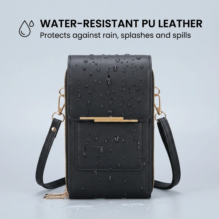 Stylish women's phone purse, ideal for travel, with clear touchscreen pocket and RFID blocking.