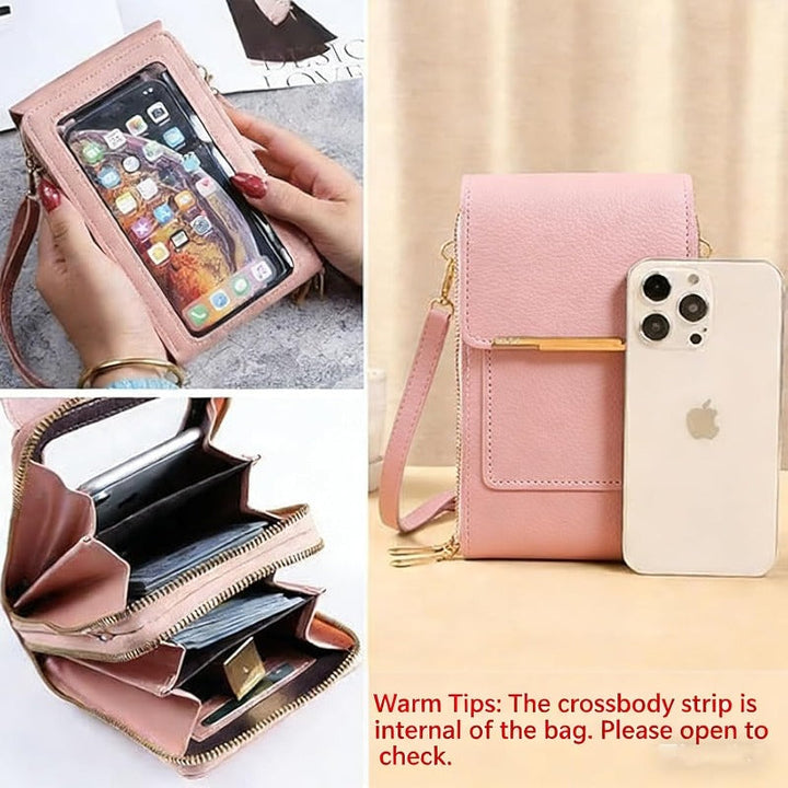 Compact women's daily essential bag, featuring a clear phone window & RFID protected pockets.