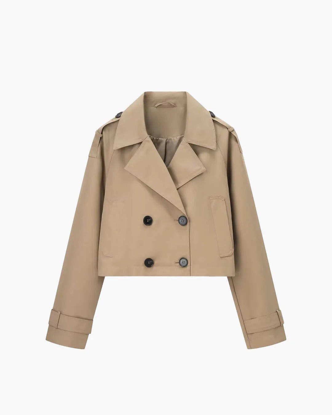 Women's stylish double-breasted short trench coat. Classic design, perfect as chic spring/autumn outerwear.