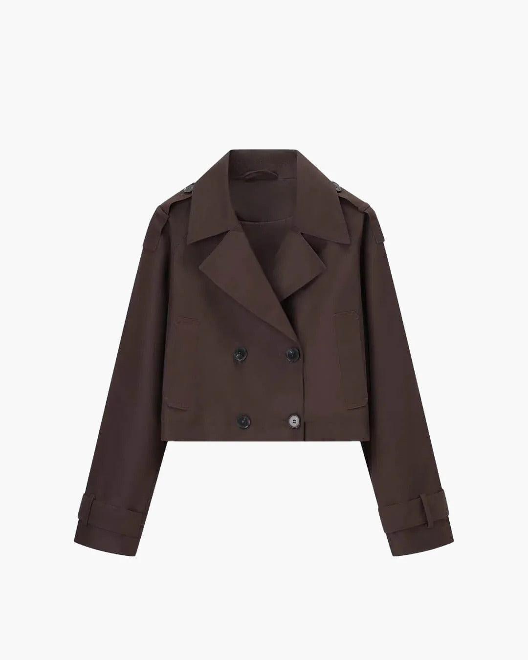 Elegant women's short trench coat, ideal for smart casual spring or autumn attire. Coffee color.