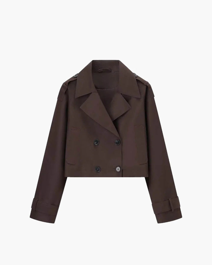 Elegant women's short trench coat, ideal for smart casual spring or autumn attire. Coffee color.