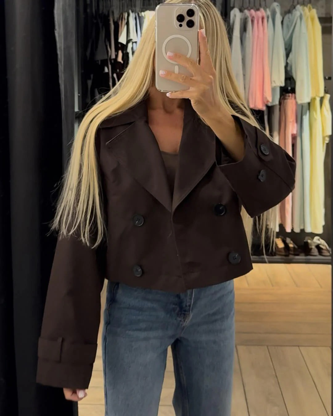 Coffee women's short double-breasted trench. A must-have stylish autumn jacket for a classic look.