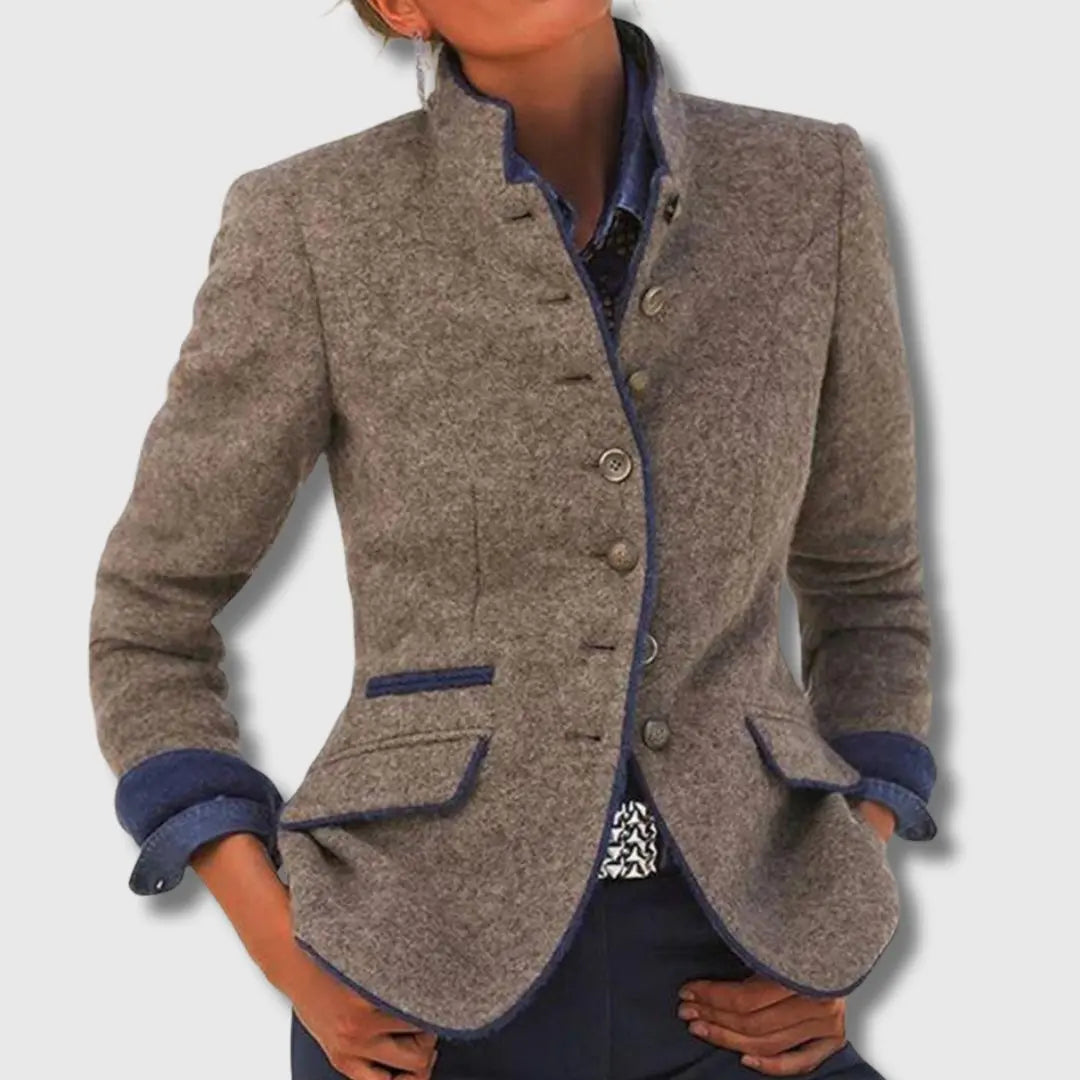 Women's stylish fitted blazer with trim detail, perfect for professional office wear & smart casual autumn fashion.