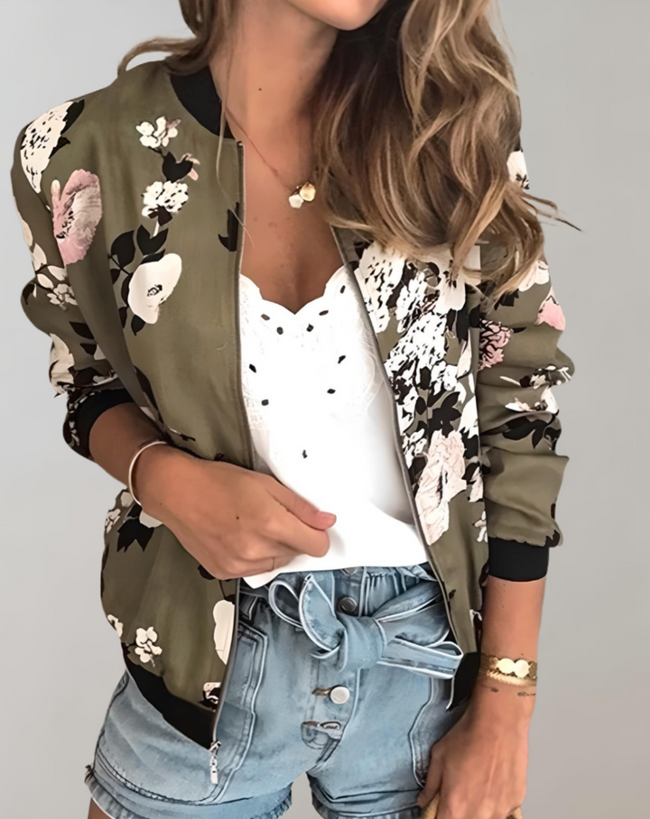 Fashionable women's floral bomber jacket, stylish outerwear for every occasion, a chic patterned spring jacket.