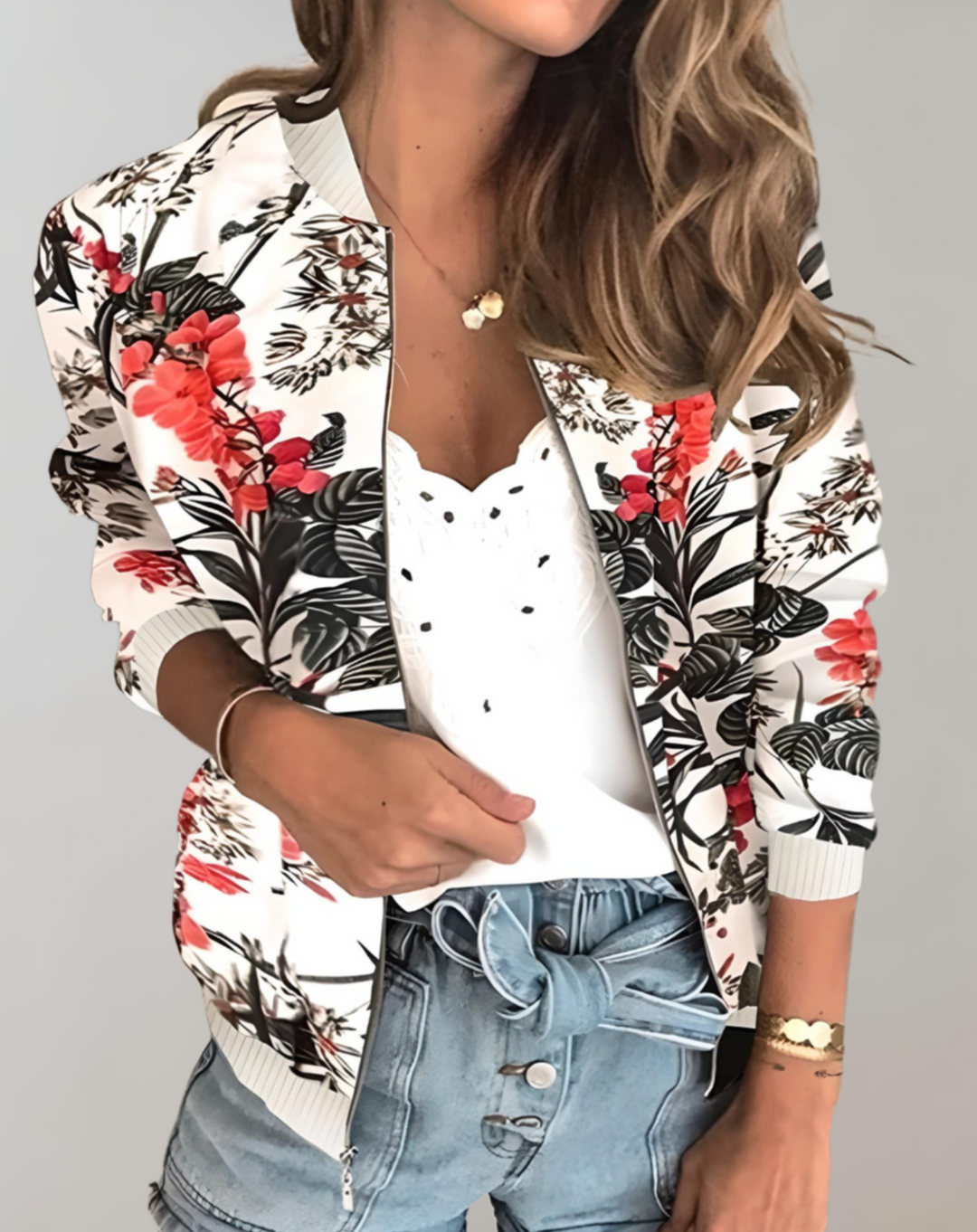 Stylish women's floral bomber jacket, versatile fashion outerwear for spring, casual chic and lightweight.