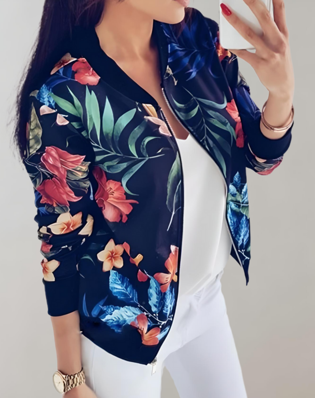 Modern women's floral bomber jacket, a stylish patterned lightweight jacket perfect for spring fashion and casual wear.