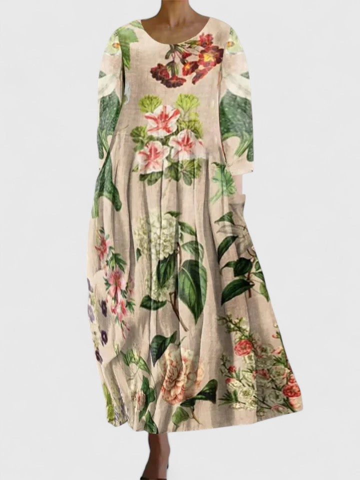 Women's stylish floral midi dress, perfect for elegant comfort & chic spring/summer fashion.