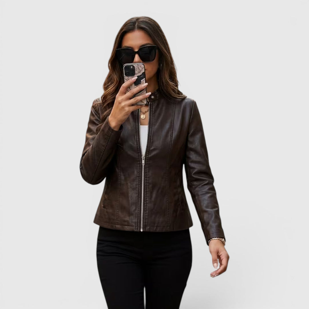 Women's jacket with full front zip & chic stand collar. Casual yet elegant, a perfect layering piece.