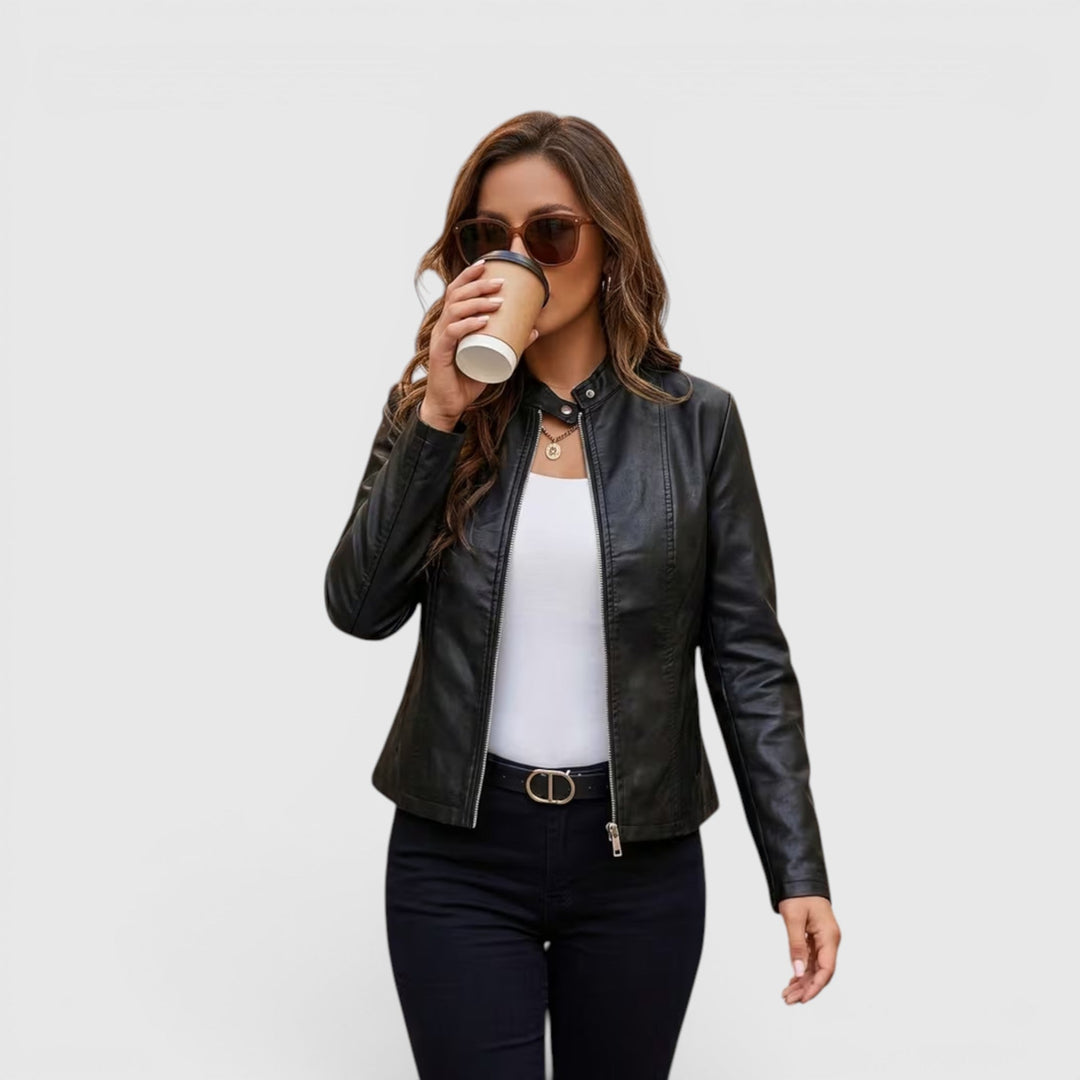 Stylish women's full zip jacket, stand collar. Versatile fashion outerwear for elegant, all-season looks.