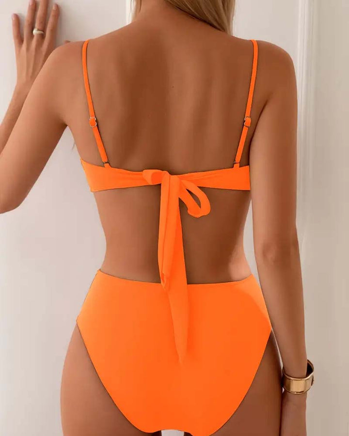 Get ready for summer with this women's flattering high-waisted pleated bikini with gold detail.