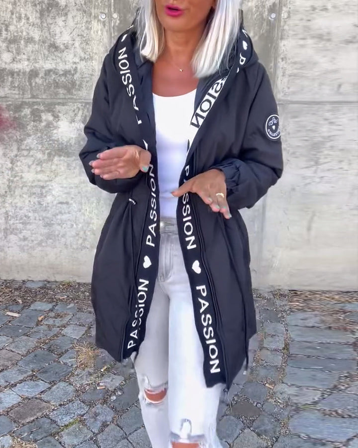 Women's long hooded trench coat with zipper. Stylish outerwear, perfect for transitional spring autumn.