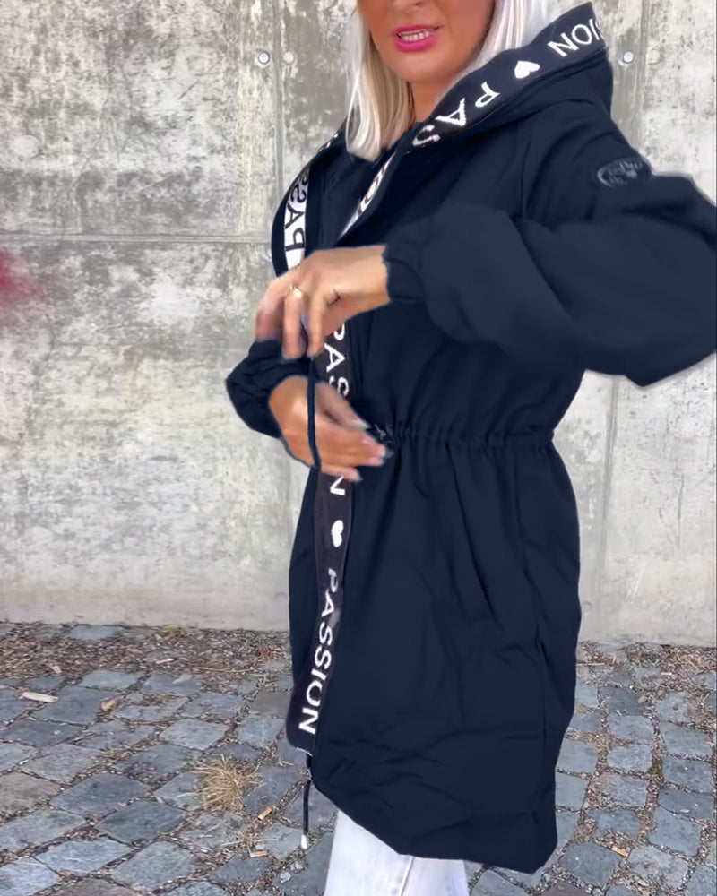 Spring autumn women's hooded trench coat. Fashionable lightweight longline zip-up jacket and coat.
