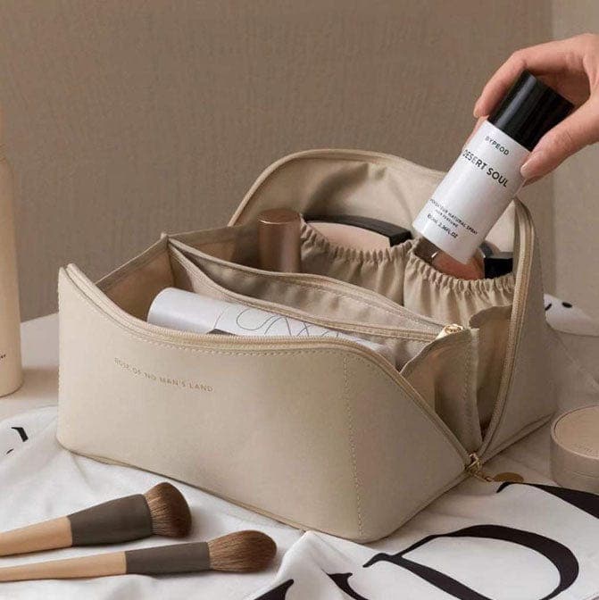 Premium leather makeup bag for women, a stylish toiletry organizer for cosmetics and beauty products.