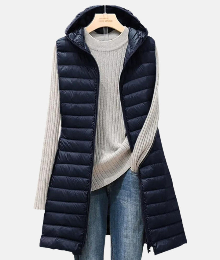 Women's stylish lightweight quilted long jacket for fall/winter outerwear.