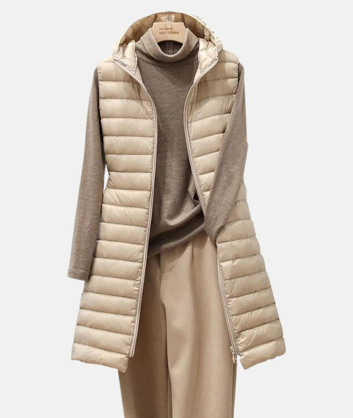 Elegant women's long quilted jacket. Stylish & lightweight fall/winter outerwear for daily wear.