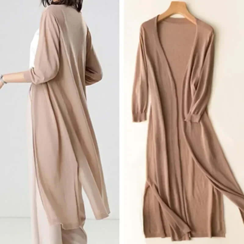 Women's stylish long coffee cardigan sweater for cozy fall layering and warmth.