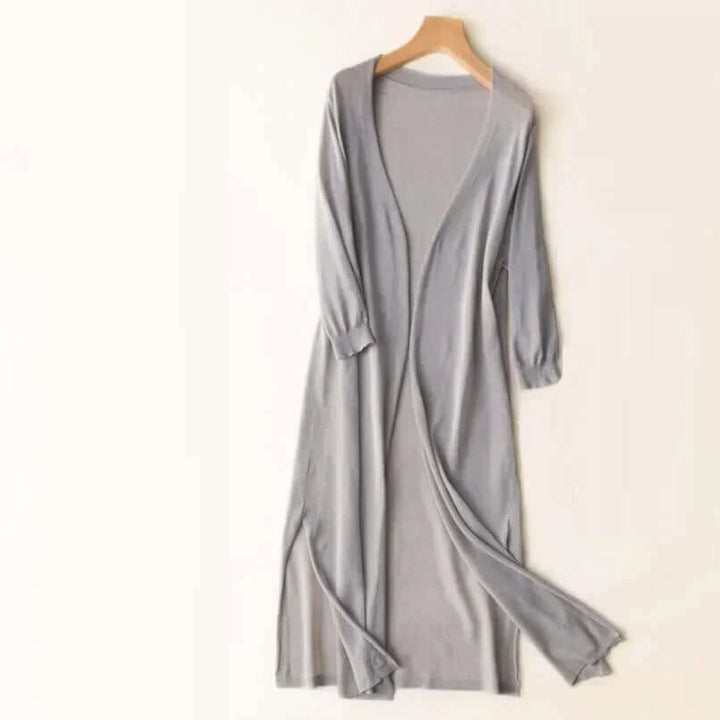 Effortless layering with this women's long coffee cardigan, a cozy fall fashion essential.