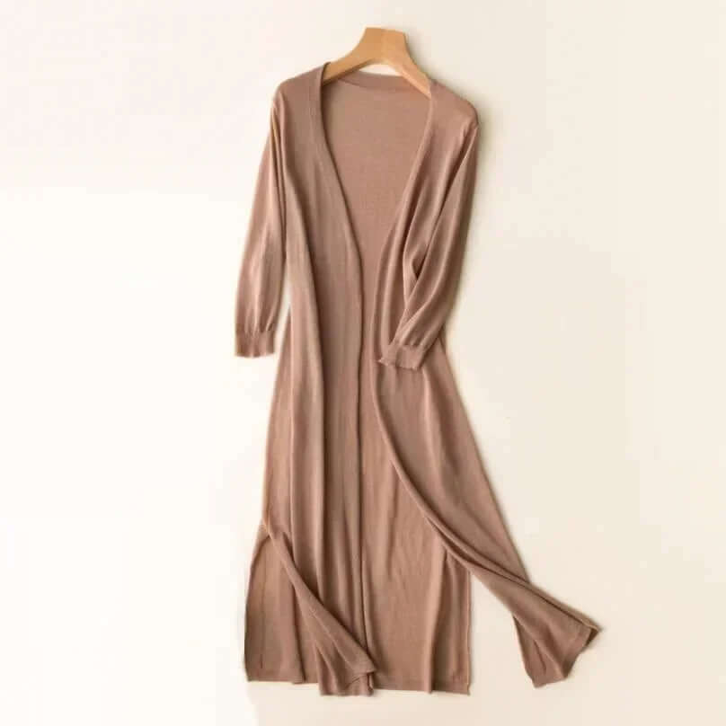 Chic women's coffee long cardigan sweater, offering cozy and versatile layering.