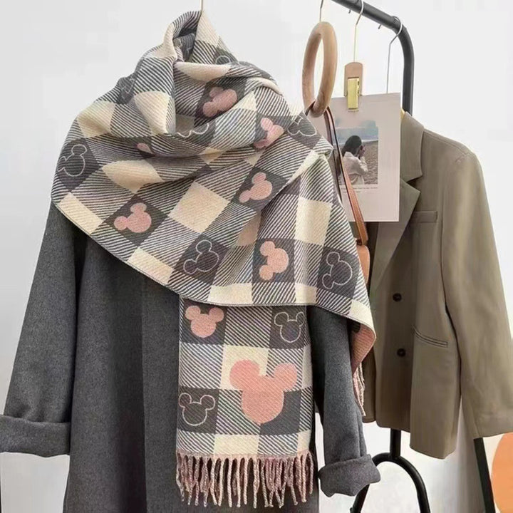 Women's stylish Mickey Plaid reversible scarf with fringed ends. Cozy winter fashion accessory.