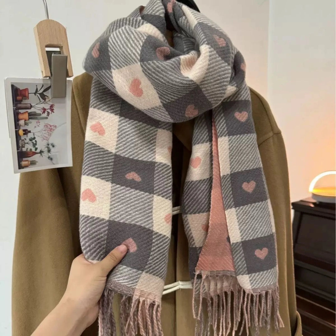Cozy women's winter plaid scarf with Mickey Mouse and fringed ends. A stylish, reversible fall accessory.