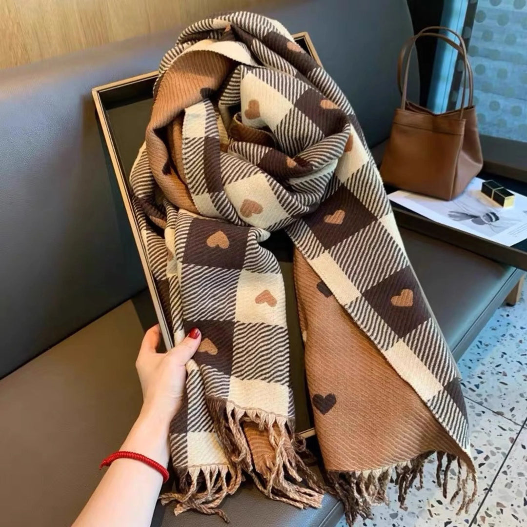 Gift for her: Stylish women's reversible Mickey Plaid Scarf with Fringed Ends. Perfect for fall/winter fashion.