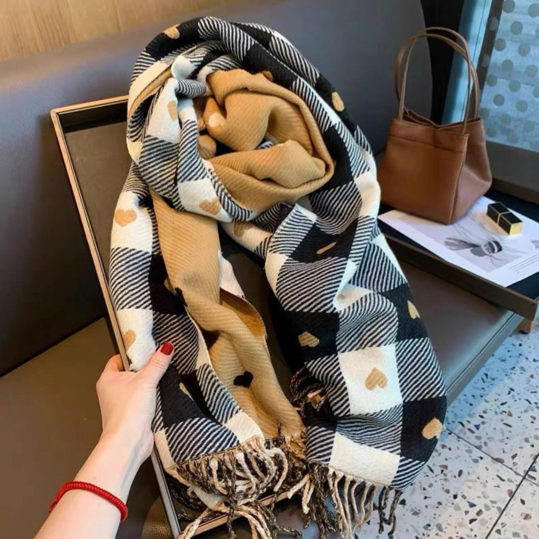 Fashionable women's reversible Mickey Mouse plaid scarf. Soft, cozy, with chic fringed ends.