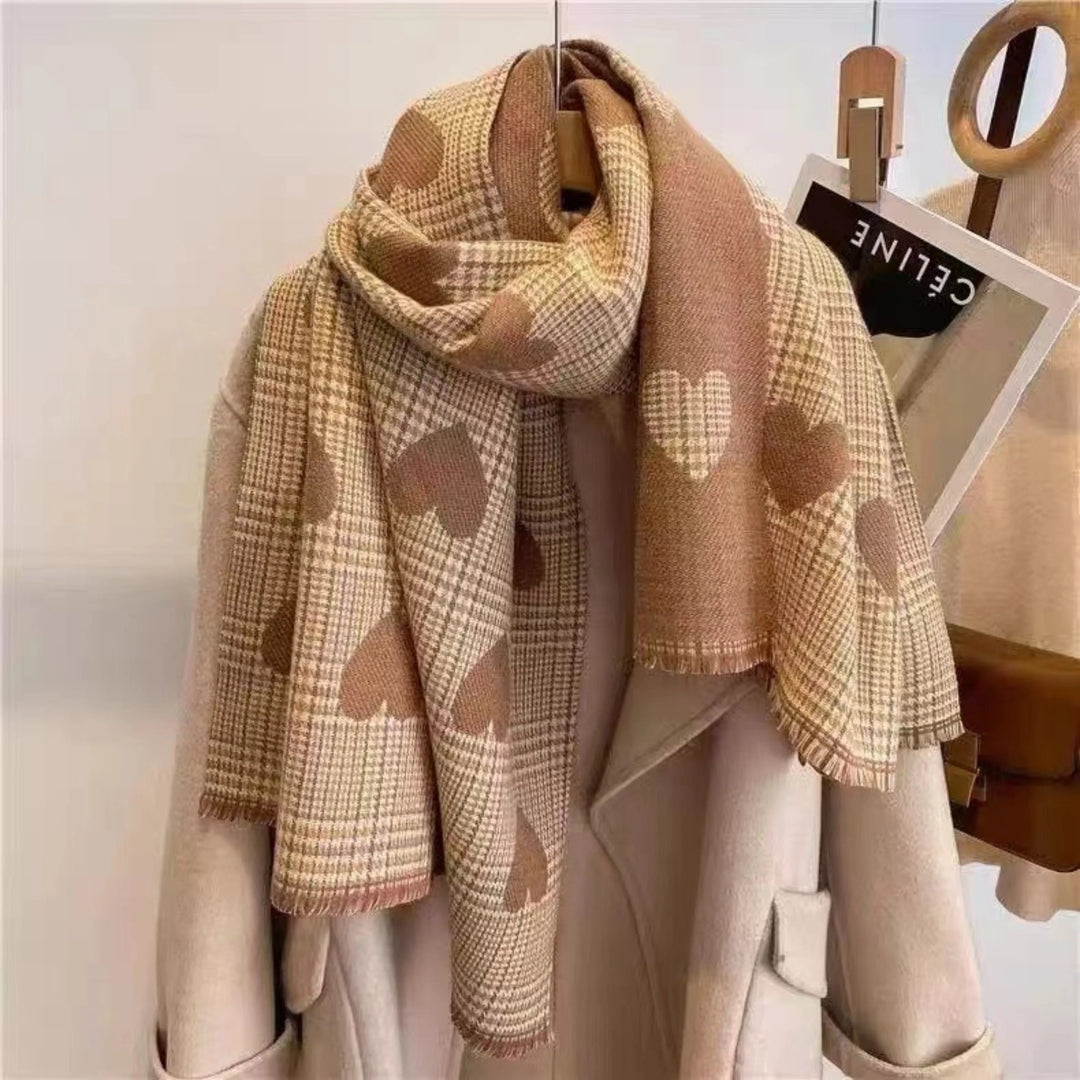 Women's stylish Mickey Plaid reversible scarf, cozy fall fashion with fringed ends.