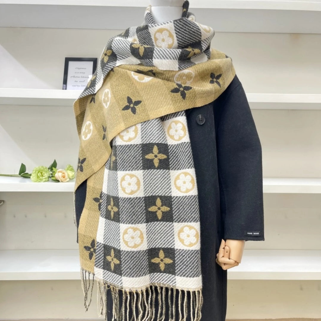 Women's cozy reversible plaid scarf with Mickey Mouse pattern and fringed ends.