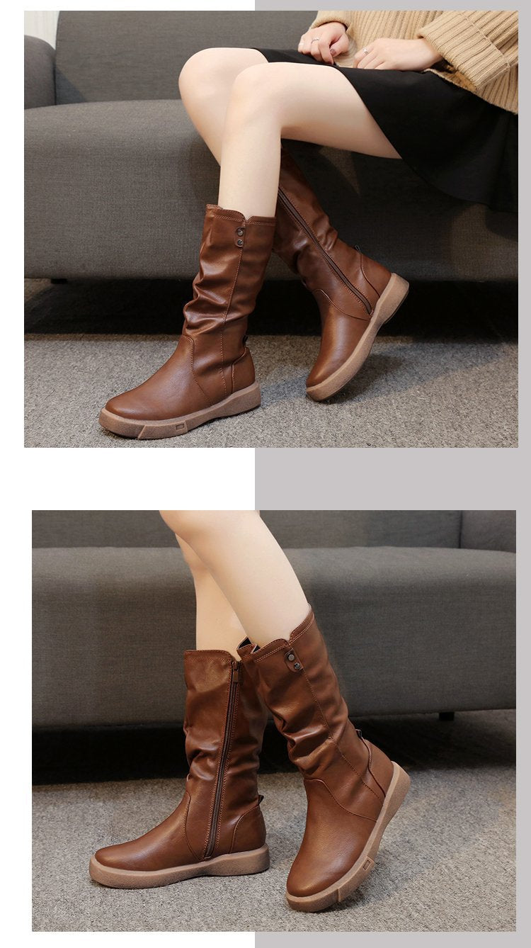 Fashionable women's mid-calf boots with side zipper for easy wear, great for winter chic and autumn style.