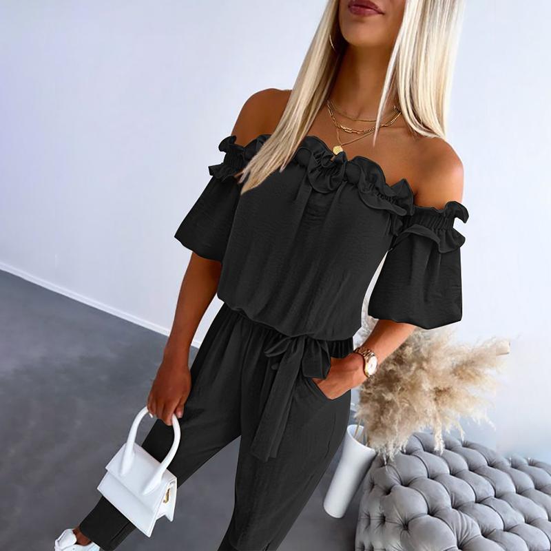 Chic women's off-shoulder jumpsuit with tie-waist, a versatile one-piece for casual or elegant summer wear.